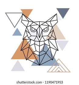 Wild owl in geometric style. Vector illustration in the Scandinavian style.