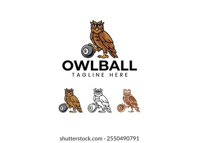 wild owl holding black ball billiard logo design. brown owl with 8 pool ball vector element design. black ball snooker with owl bird illustration logo for billiard sport club and tournament