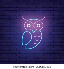 Wild owl neon icon. Happy halloween decoration. Season october holiday. Night bird. Shiny signboard on brick wall. Editable stroke. Vector stock illustration