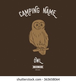 Wild owl vector illustration. European animals silhouettes with lettering chalk board. Camping logo design