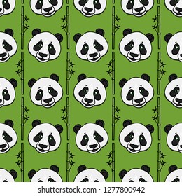 Wild Panda head with bamboo strips seamless pattern. Vector hand drawn illustration on green background. Surface design