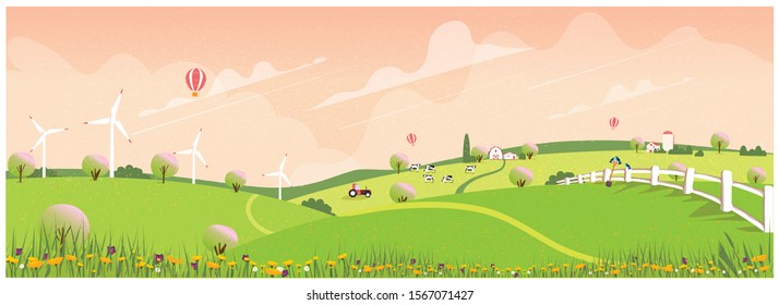 Wild panoramic rural countryside in spring.Green hill with apple allay with canola and spring flower.Concept of farm agriculture in spring.