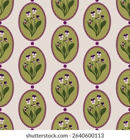 Wild Pansies seamless pattern. Botanical Vintage Forest Violet Tricolor texture for fabric wallpaper