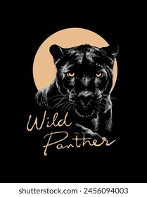 wild panther calligraphy slogan with panther face hand drawn vector illustration on black background