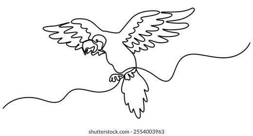 wild parrot bird flying freely continuous one line drawing, Ara parrot profile sketch, elegant line drawing, minimalist style on transparent background, big parrot one line drawing ,vector, isolated