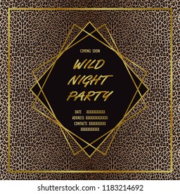 Wild Party Invitation Card with leopard print and gold geometric artdeco element. Luxury mock up, template for greeting, birthday cards, covers and posters with text place.