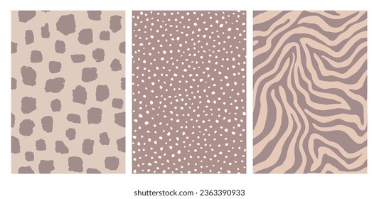 Wild patterns. Set of dots and stripes backgrounds. Vector illustration in beige and brown colors