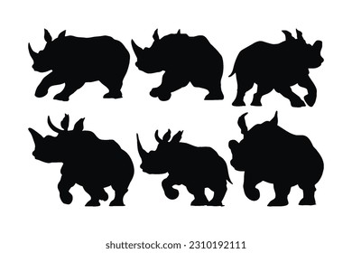 Wild peaceful rhino running in different positions. Herbivorous rhino running silhouette on a white background. Rhino full body silhouette collection. Dangerous rhinoceros silhouette bundle design.