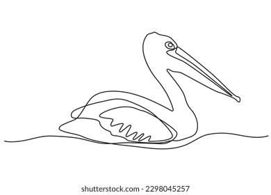 Wild pelican bird vector line drawing illustration. One line art pelican outline, water bird swimming on wave. Ling neck, wing plumage. Ornitology logo design.