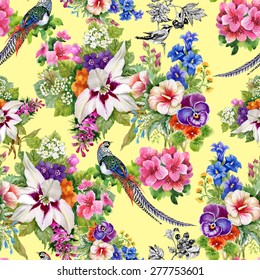 Wild Pheasant animals birds in watercolor floral seamless pattern on yellow background vector illustration