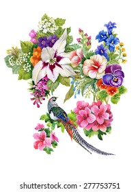 Wild Pheasant animals birds in watercolor floral pattern on white background vector illustration