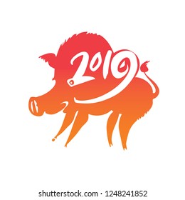 Wild pig 2019. Handwritten template with the inscription 2019 and Pig. Imitation of painting with brush. New Year on the Chinese calendar.