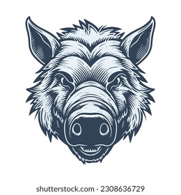 Wild pig angry face logo with two large tusks coming up from his closed mouth. Pig icon illustration drawing.