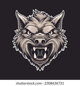 Wild pig angry face logo with two large tusks coming up from his closed mouth. Pig icon illustration drawing.