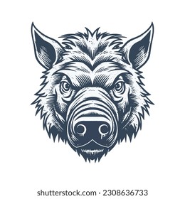 Wild pig angry face logo with two large tusks coming up from his closed mouth. Pig icon illustration drawing.