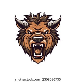 Wild pig angry face logo with two large tusks coming up from his closed mouth. Pig icon illustration drawing.