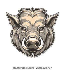 Wild pig angry face logo with two large tusks coming up from his closed mouth. Pig icon illustration drawing.