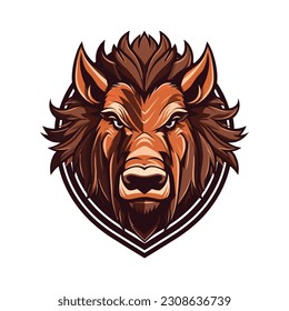 Wild pig angry face logo with two large tusks coming up from his closed mouth. Pig icon illustration drawing.