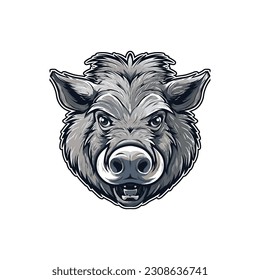 Wild pig angry face logo with two large tusks coming up from his closed mouth. Pig icon illustration drawing.