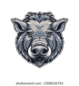 Wild pig angry face logo with two large tusks coming up from his closed mouth. Pig icon illustration drawing.