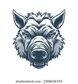 Wild pig angry face logo with two large tusks coming up from his closed mouth. Pig icon illustration drawing.