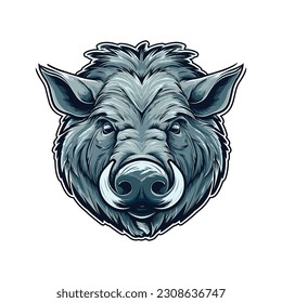 Wild pig angry face logo with two large tusks coming up from his closed mouth. Pig icon illustration drawing.