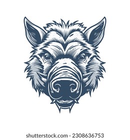 Wild pig angry face logo with two large tusks coming up from his closed mouth. Pig icon illustration drawing.