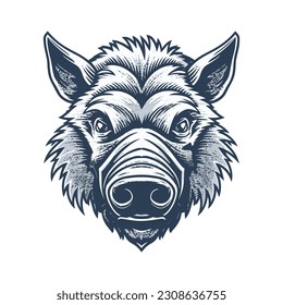 Wild pig angry face logo with two large tusks coming up from his closed mouth. Pig icon illustration drawing.