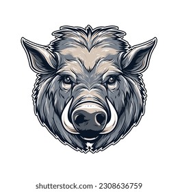 Wild pig angry face logo with two large tusks coming up from his closed mouth. Pig icon illustration drawing.