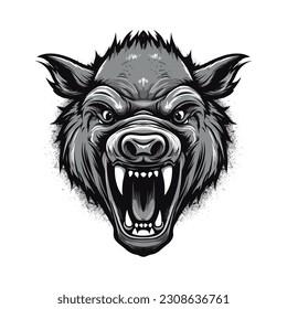 Wild pig angry face logo with two large tusks coming up from his closed mouth. Pig icon illustration drawing.