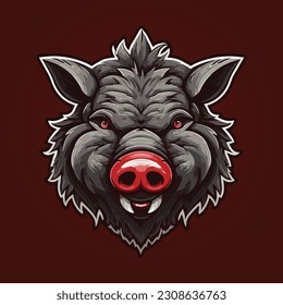 Wild pig angry face logo with two large tusks coming up from his closed mouth. Pig icon illustration drawing.