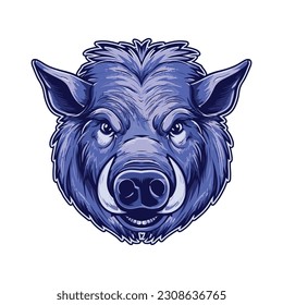 Wild pig angry face logo with two large tusks coming up from his closed mouth. Pig icon illustration drawing.