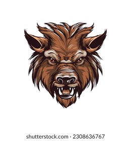 Wild pig angry face logo with two large tusks coming up from his closed mouth. Pig icon illustration drawing.