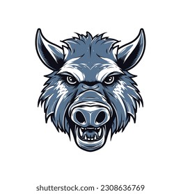 Wild pig angry face logo with two large tusks coming up from his closed mouth. Pig icon illustration drawing.