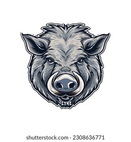 Wild pig angry face logo with two large tusks coming up from his closed mouth. Pig icon illustration drawing.