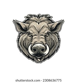 Wild pig angry face logo with two large tusks coming up from his closed mouth. Pig icon illustration drawing.