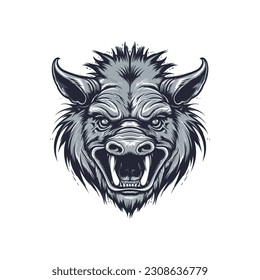 Wild pig angry face logo with two large tusks coming up from his closed mouth. Pig icon illustration drawing.