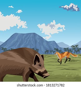 wild pig and fox in the landscape vector illustration design