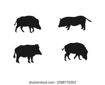 wild pig silhouette icon set. Wild Boar Vector Silhouette, animal illustration. Simple hand. Vector illustration. Minimal design, minimalist logo vector. Vector on a white background.