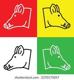 Wildschwein-Vektorsymbol, Lineal-Stil-Symbol, aus Tierkopfsymbolen, einzeln auf rotem, gelbem, weißem und grünem Hintergrund.