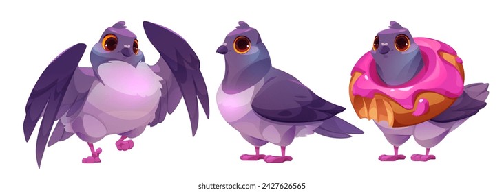 Wild pigeon cartoon character in different poses. Vector illustration set of funny blue city bird standing, waving wings and holding bitten donut piece on neck. Animal mascot with various expression.