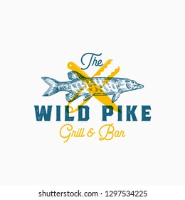 The Wild Pike. Abstract Vector Sign, Symbol or Logo Template. Hand Drawn Pike Fish with Knife and Tongs and Classy Retro Typography. Vintage Vector Emblem with Retro Print Effect. Isolated.