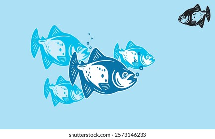 wild piranha fish for amazon river logo, silhouette of blue bite small danger fish vector illustrations