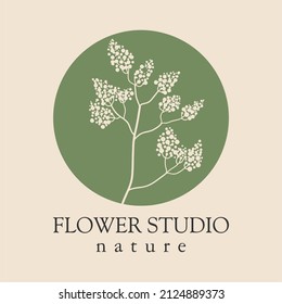 Wild Plant Logo. Round Emblem Flower In A Circle. Floral Decoration. Organic Design Template. Vector Abstract Icon For Flower Shop Design, Cosmetics, Beauty, Perfume, Spa, Yoga.