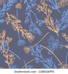 Wild plants abstract ornament. Hand drawn vector seamless pattern. Floral ornament in retro sketch style. Vintage botanical design for background, decor.