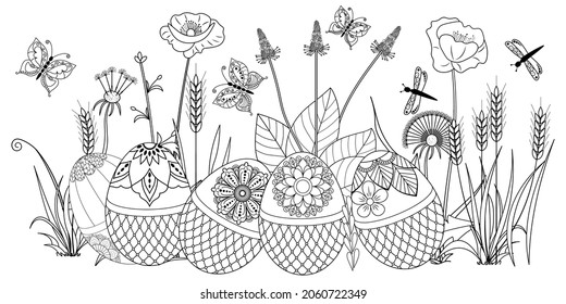 Wild plants, flowers, butterflies and Easter eggs on a white background. Anti-stress coloring book for children and adults