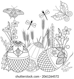 Wild plants, flowers, butterflies and Easter eggs on a white background. Anti-stress coloring book for children and adults