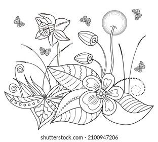 Wild plants, flowers and butterflies on a white background. Black contour drawing of primroses. Anti-stress coloring book for adults and children. Decorative element for design