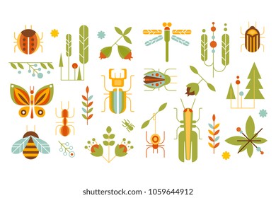 Wild plants and insects set, forest elements concept vector illustrations