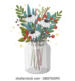 Wild plants in the jar. Modern design for greeting card, poster, postcard or banner. Vector illustration isolated on white background. 